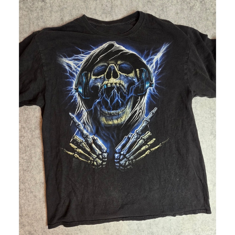 Mens Grim Reaper Skeleton Headphones Lightning Graphic T-Shirt Black XL Grunge